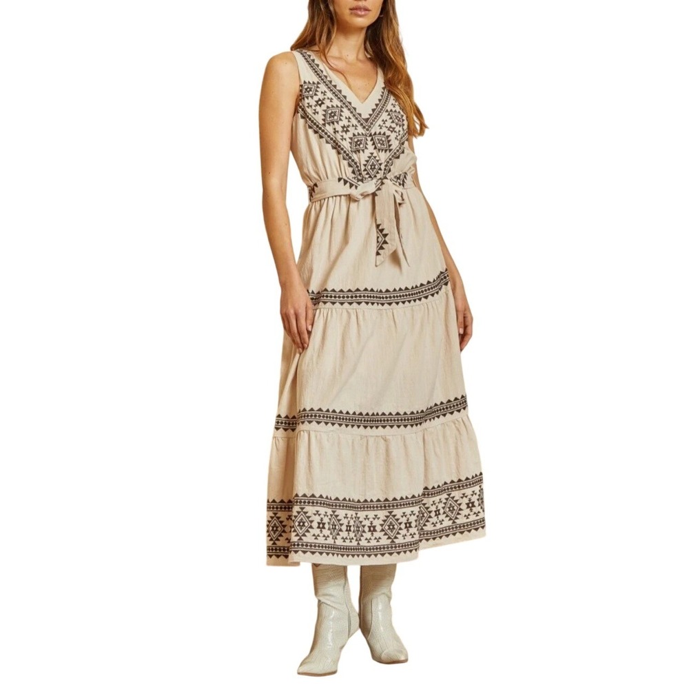 Savanna Jane Embroidered Tiered‎ Midi Dress Beige Black Boho Western Womens 2X